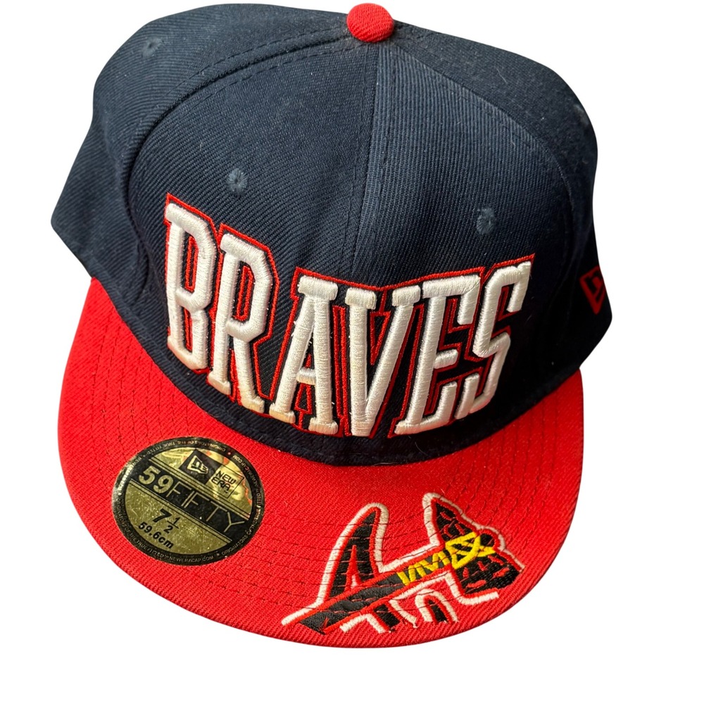 New Era 59FIFTY Atlanta Braves Fitted Hat 7 1/2 Navy Red Tomahawk Brim MLB Cap